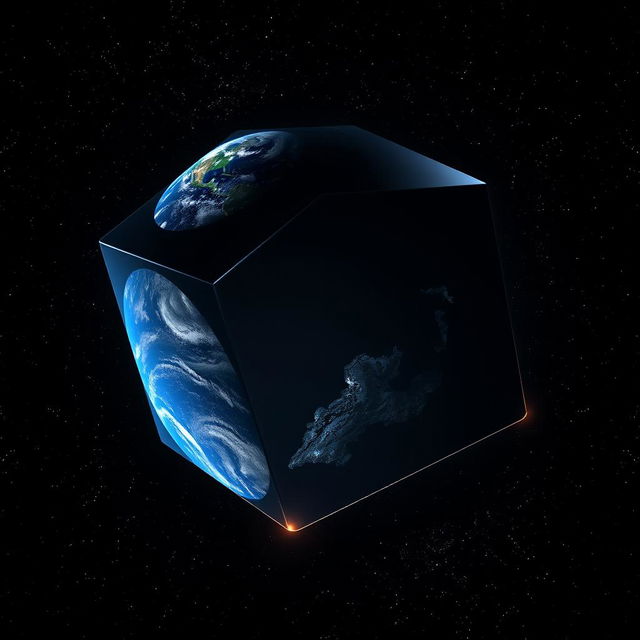 A giant black cube slowly orbiting the Earth, depicted in a breathtaking cosmic scene