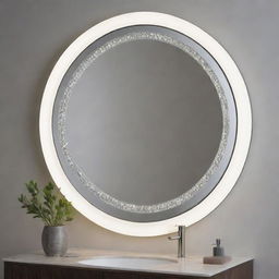 A round, modern mirror with a rim of embedded LED lights, casting an ethereal glow and enhancing its crystal-clear reflection.