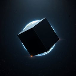 A giant black cube slowly orbiting the Earth, depicted in a breathtaking cosmic scene