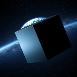 A mysterious giant black cube slowly approaching Earth orbit, with the vibrant planet clearly visible behind it