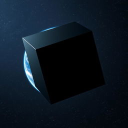 A mysterious giant black cube slowly approaching Earth orbit, with the vibrant planet clearly visible behind it