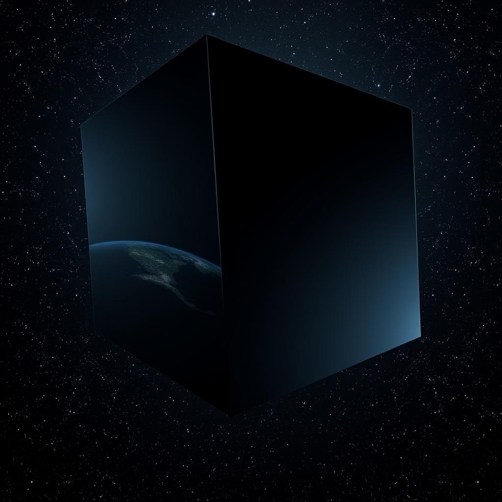 A mysterious giant black cube slowly approaching Earth orbit, with the vibrant planet clearly visible behind it