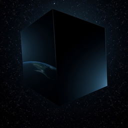 A mysterious giant black cube slowly approaching Earth orbit, with the vibrant planet clearly visible behind it