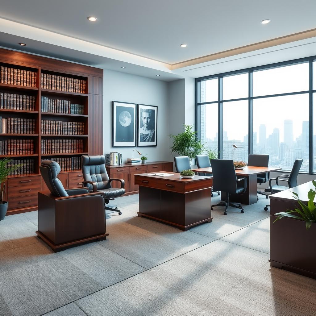 An elegant and modern legal office design featuring sleek wooden furniture, a large mahogany desk with a comfortable leather chair, bookshelves filled with law books, and a stylish conference table surrounded by ergonomic chairs