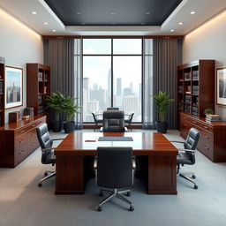 An elegant and modern legal office design featuring sleek wooden furniture, a large mahogany desk with a comfortable leather chair, bookshelves filled with law books, and a stylish conference table surrounded by ergonomic chairs