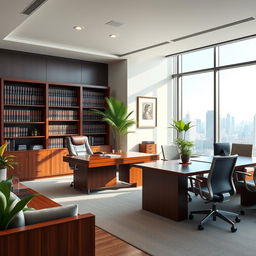 An elegant and modern legal office design featuring sleek wooden furniture, a large mahogany desk with a comfortable leather chair, bookshelves filled with law books, and a stylish conference table surrounded by ergonomic chairs