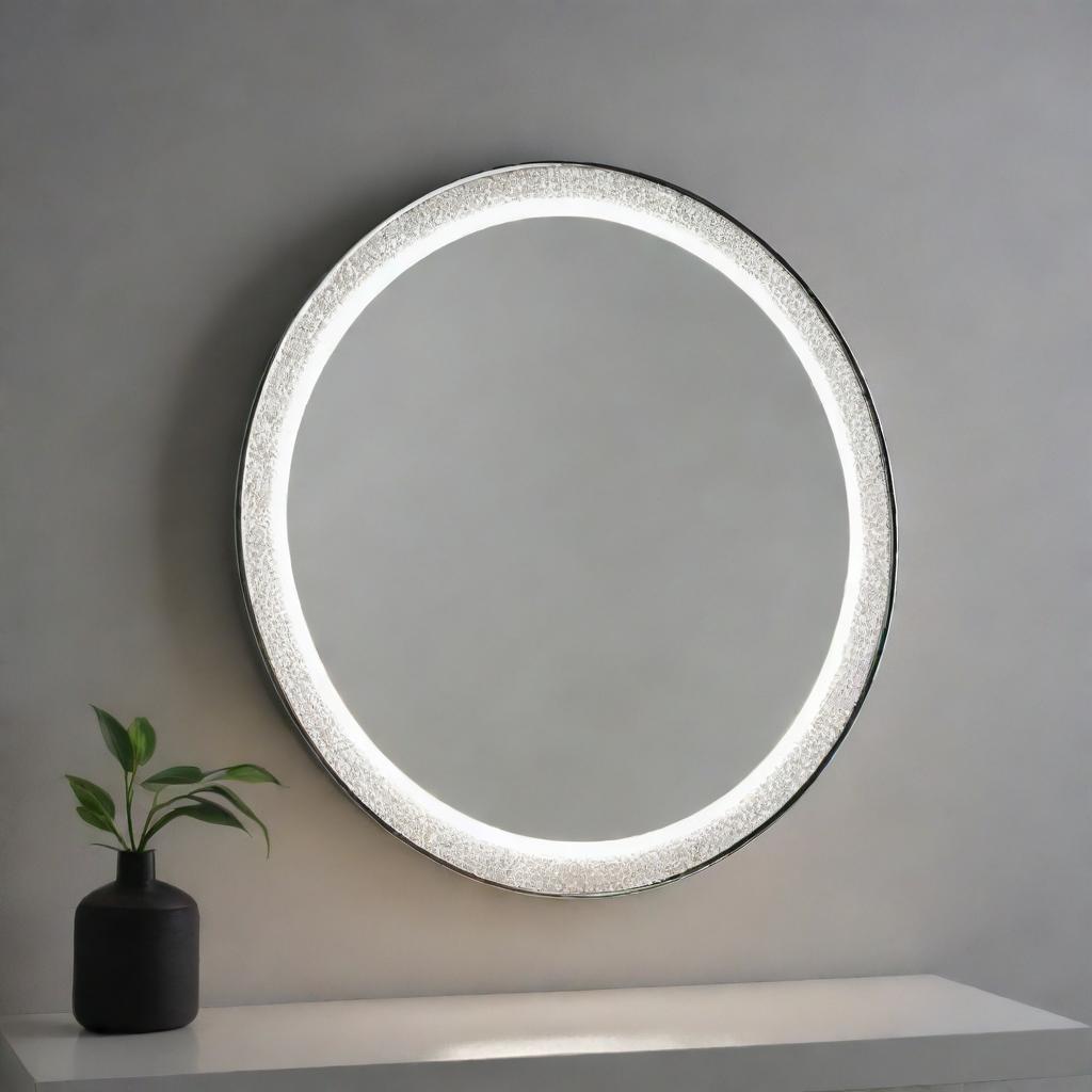 A round, modern mirror with a rim of embedded LED lights, casting an ethereal glow and enhancing its crystal-clear reflection.