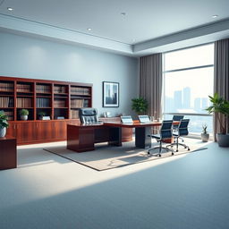 An elegant and modern legal office design featuring sleek wooden furniture, a large mahogany desk with a comfortable leather chair, bookshelves filled with law books, and a stylish conference table surrounded by ergonomic chairs