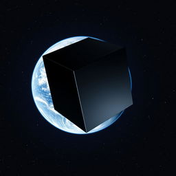 A mysterious giant black three-dimensional cube slowly approaching Earth orbit, with the vibrant planet clearly visible behind it