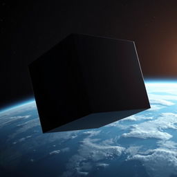 A mysterious giant black three-dimensional cube slowly approaching Earth orbit, with the vibrant planet clearly visible behind it