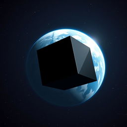 A mysterious giant black three-dimensional cube slowly approaching Earth orbit, with the vibrant planet clearly visible behind it