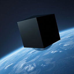 A mysterious giant black three-dimensional cube slowly approaching Earth orbit, with the vibrant planet clearly visible behind it