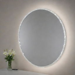 A round, modern mirror with a rim of embedded LED lights, casting an ethereal glow and enhancing its crystal-clear reflection.