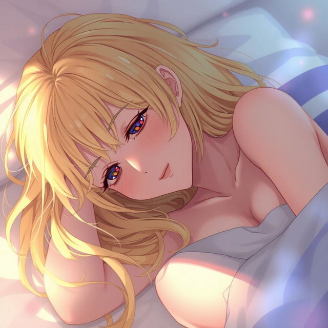 An artistic anime-style illustration featuring a beautiful blonde character portrayed in a post-intimate moment, lying relaxed with a serene expression