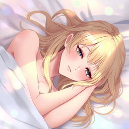 An artistic anime-style illustration featuring a beautiful blonde character portrayed in a post-intimate moment, lying relaxed with a serene expression