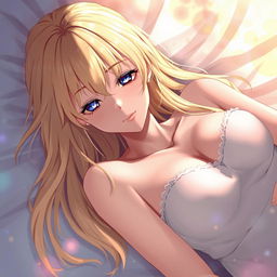 An artistic anime-style illustration featuring a beautiful blonde character portrayed in a post-intimate moment, lying relaxed with a serene expression