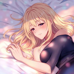 An artistic anime-style illustration featuring a beautiful blonde character portrayed in a post-intimate moment, lying relaxed with a serene expression