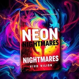 A captivating book cover design for "Neon Nightmares" by Vivid Visions, featuring a surreal and abstract depiction of psychological horror