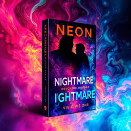 A captivating book cover design for "Neon Nightmares" by Vivid Visions, featuring a surreal and abstract depiction of psychological horror