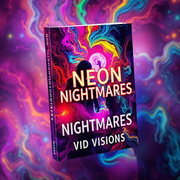 A captivating book cover design for "Neon Nightmares" by Vivid Visions, featuring a surreal and abstract depiction of psychological horror