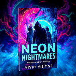 A captivating book cover design for "Neon Nightmares" by Vivid Visions, featuring a surreal and abstract depiction of psychological horror