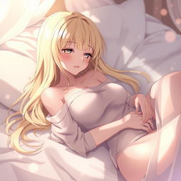 An artistic anime-style illustration featuring a beautiful blonde character in a serene post-intimacy moment, reclining gracefully with a tranquil expression