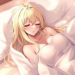 An artistic anime-style illustration featuring a beautiful blonde character in a serene post-intimacy moment, reclining gracefully with a tranquil expression