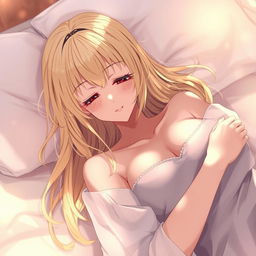 An artistic anime-style illustration featuring a beautiful blonde character in a serene post-intimacy moment, reclining gracefully with a tranquil expression