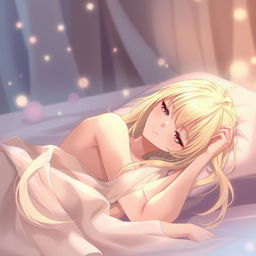 An artistic anime-style illustration featuring a beautiful blonde character in a serene post-intimacy moment, reclining gracefully with a tranquil expression