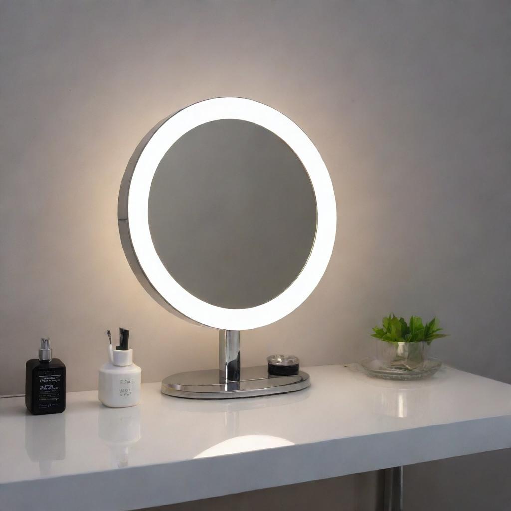 A chic and modern desk mirror, surrounded by an embedded ring of dimmable LED lights, providing perfect illumination for personal grooming.