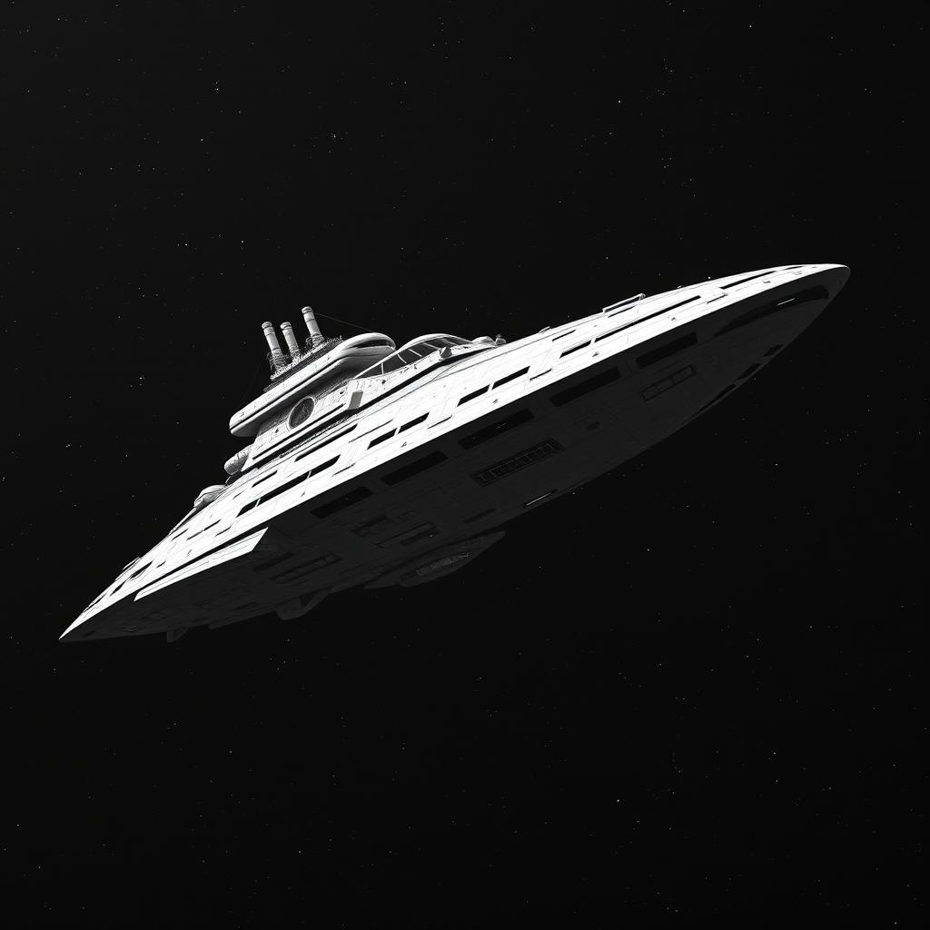 A large, majestic spaceship floating in the vastness of space, captured in a stunning black and white palette