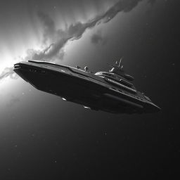 A large, majestic spaceship floating in the vastness of space, captured in a stunning black and white palette