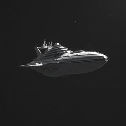 A large, majestic spaceship floating in the vastness of space, captured in a stunning black and white palette