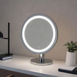 A chic and modern desk mirror, surrounded by an embedded ring of dimmable LED lights, providing perfect illumination for personal grooming.