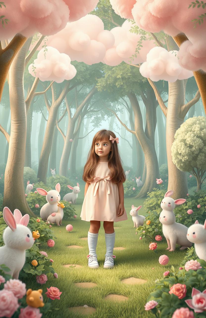 A magical forest filled with pastel-colored creatures and lush greenery