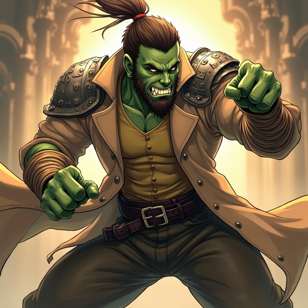 An anime art style illustration inspired by Overlord, featuring a medieval half-orc characterized by olive green skin