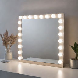 A chic and modern desk mirror, surrounded by an embedded ring of dimmable LED lights, providing perfect illumination for personal grooming.