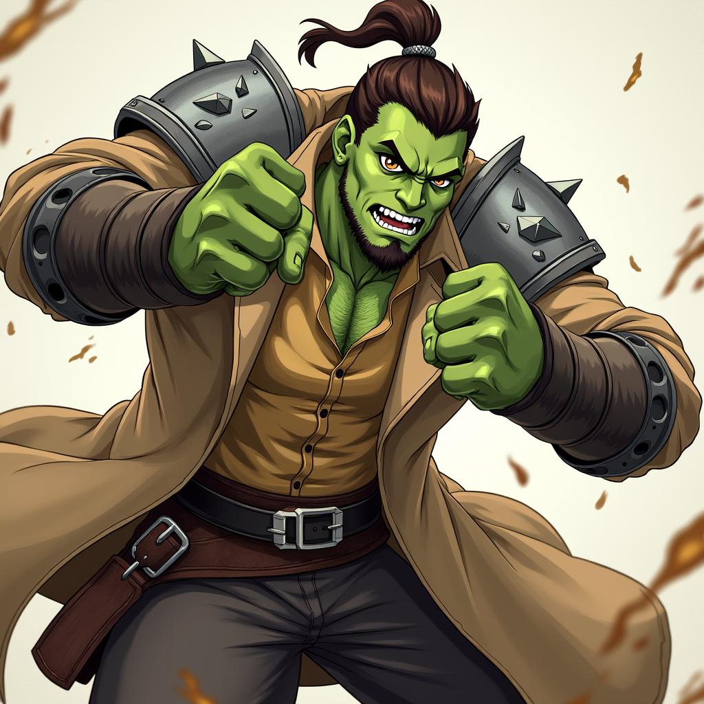 An anime art style illustration influenced by Overlord, featuring a medieval half-orc with distinct olive green skin