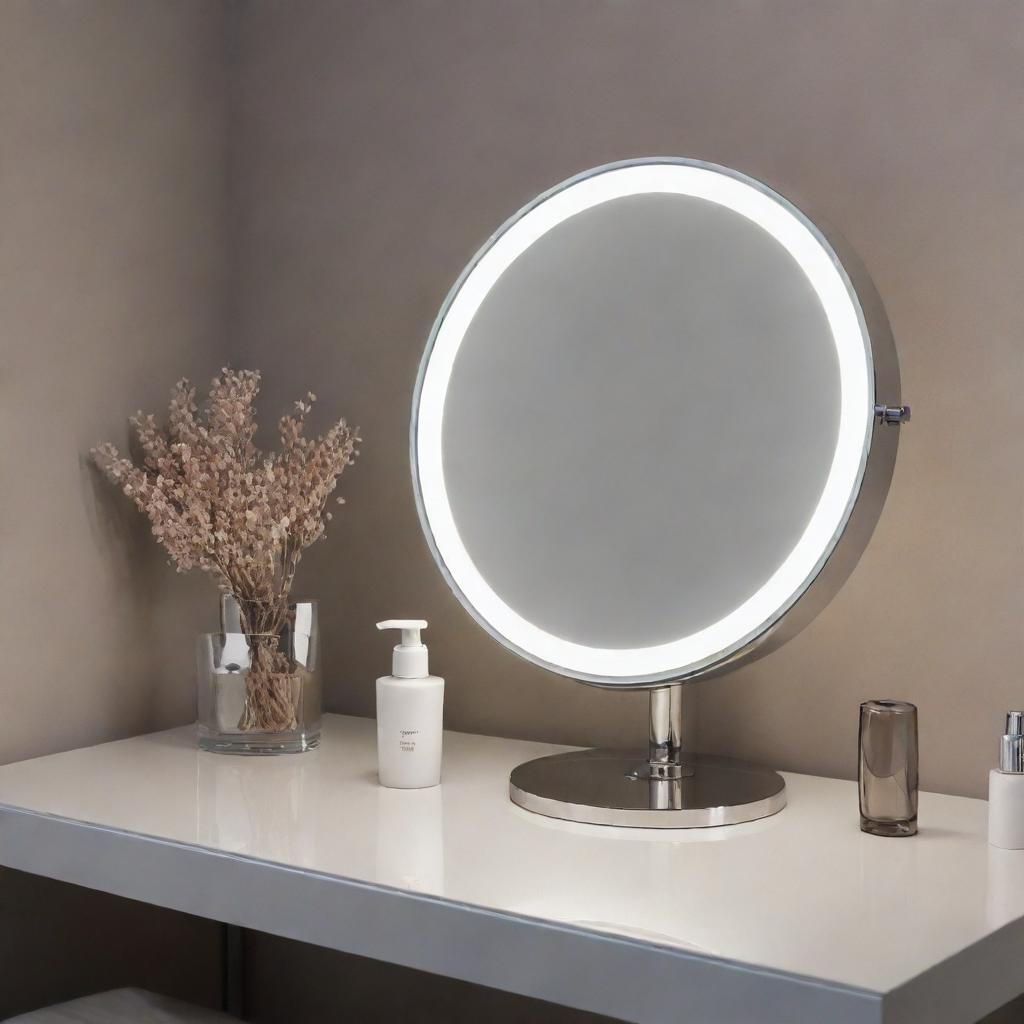 A chic and modern desk mirror, surrounded by an embedded ring of dimmable LED lights, providing perfect illumination for personal grooming.