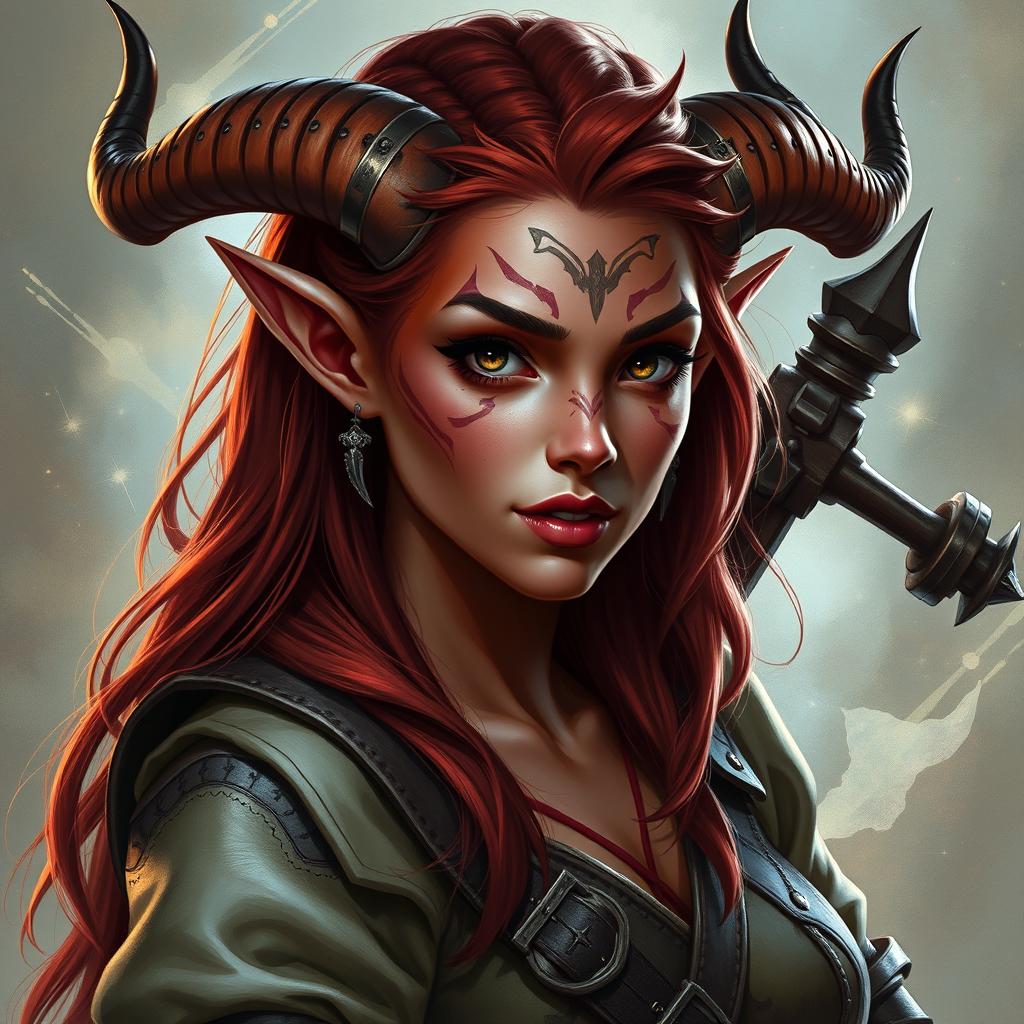 A captivating portrait of a tiefling bard character, showcasing her empowered and beautiful presence