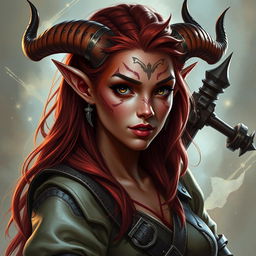 A captivating portrait of a tiefling bard character, showcasing her empowered and beautiful presence