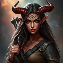 A captivating portrait of a tiefling bard character, showcasing her empowered and beautiful presence