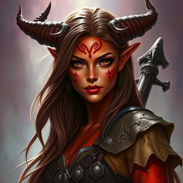 A captivating portrait of a tiefling bard character, showcasing her empowered and beautiful presence