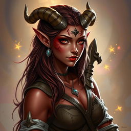 A captivating portrait of a tiefling bard character, showcasing her empowered and beautiful presence