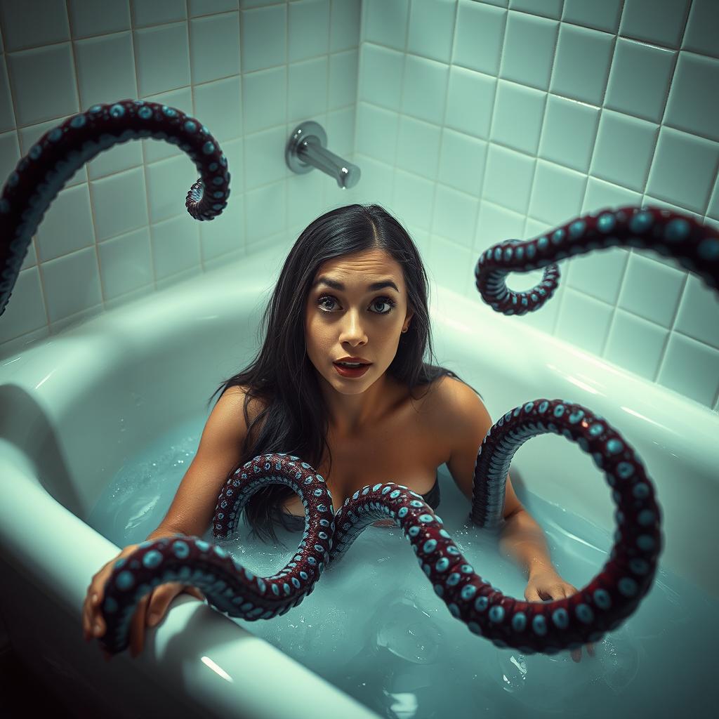A dramatic scene featuring a woman in a bathtub, surrounded by writhing, colorful tentacles that are playfully yet menacingly reaching towards her