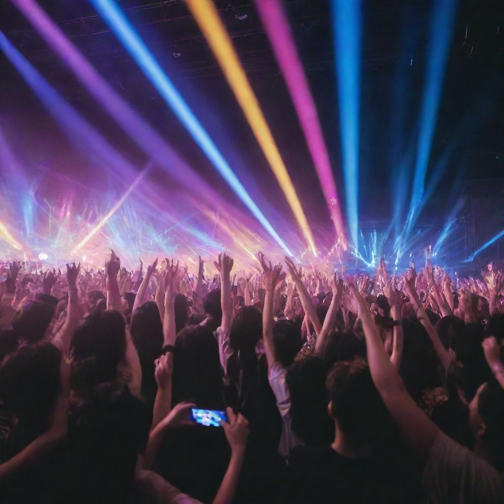 Colorful concert scene of a popular Kpop group performing on a stage, surrounded by ecstatic fans waving light sticks under a vibrant light show.