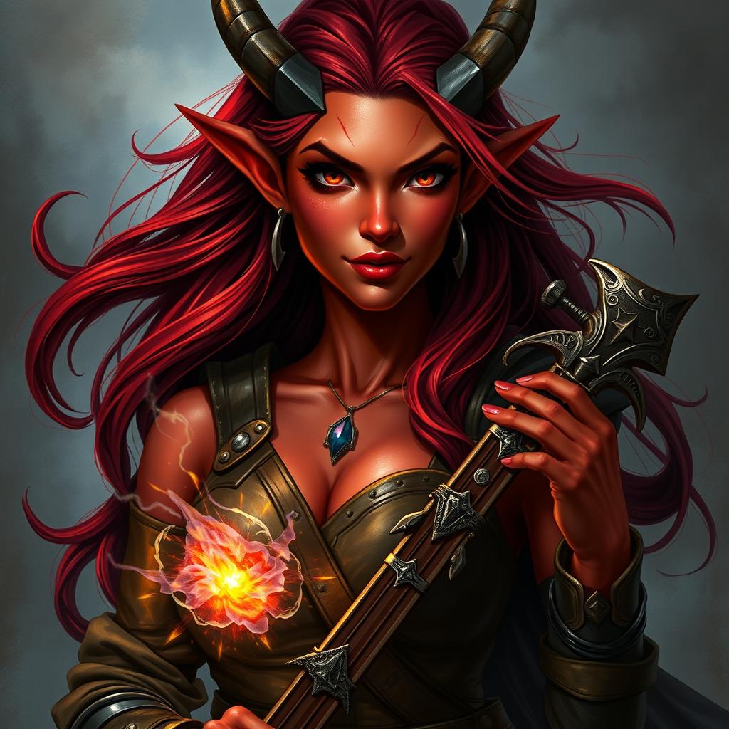 A striking portrait of a tiefling bard character, embodying power and beauty