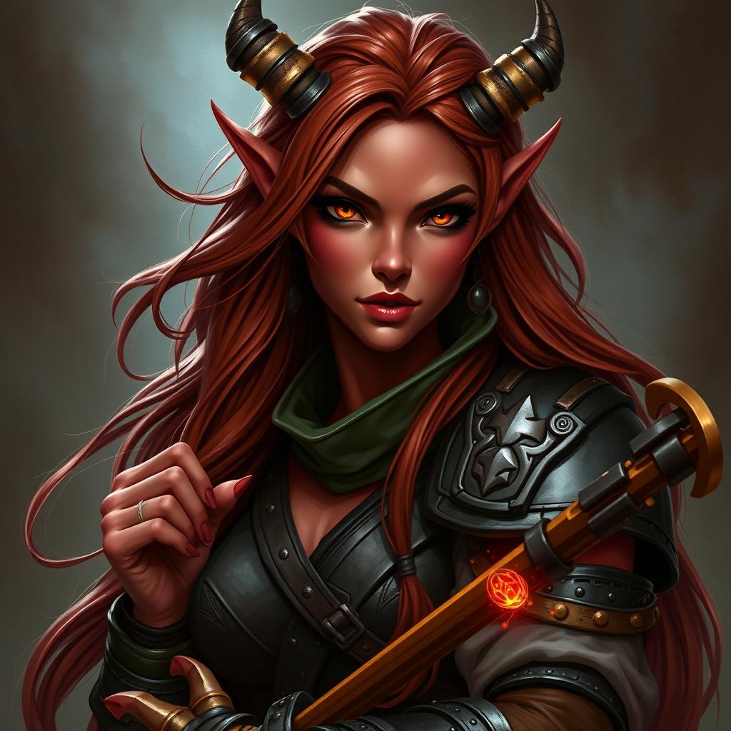 A striking portrait of a tiefling bard character, embodying power and beauty