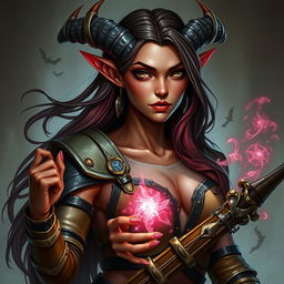 A striking portrait of a tiefling bard character, embodying power and beauty