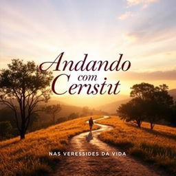 A captivating book cover design titled "Andando com Cristo - Nas adversidades da vida" featuring a serene landscape with a winding path, symbolizing the journey of life